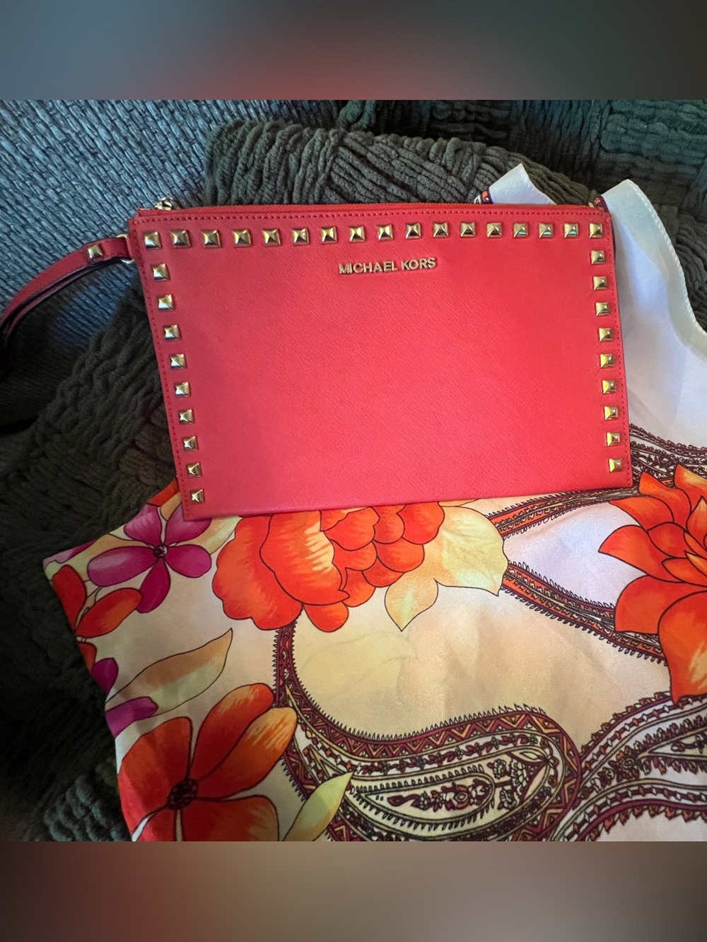 Michael Kors Orange-Red Studded Leather Wristlet Clutch